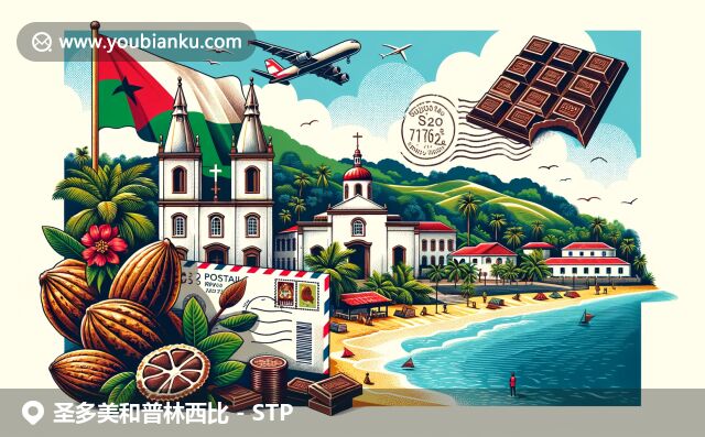 描繪聖多美普林西比豐富地域特色與郵政元素的現代插畫